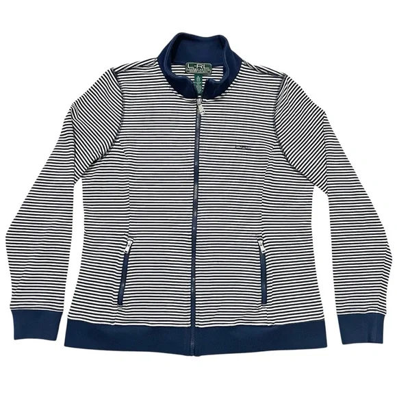 Lauren Active by Ralph Lauren L-RL Navy Blue & White Striped Zip-Up Track Jacket - Picture 14 of 16